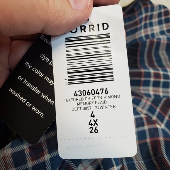 NWT Torrid Blue Black Windowpane Plaid Sheer Flowy Plus Size Kimono 4 4x 26 - Picture 3 of 5